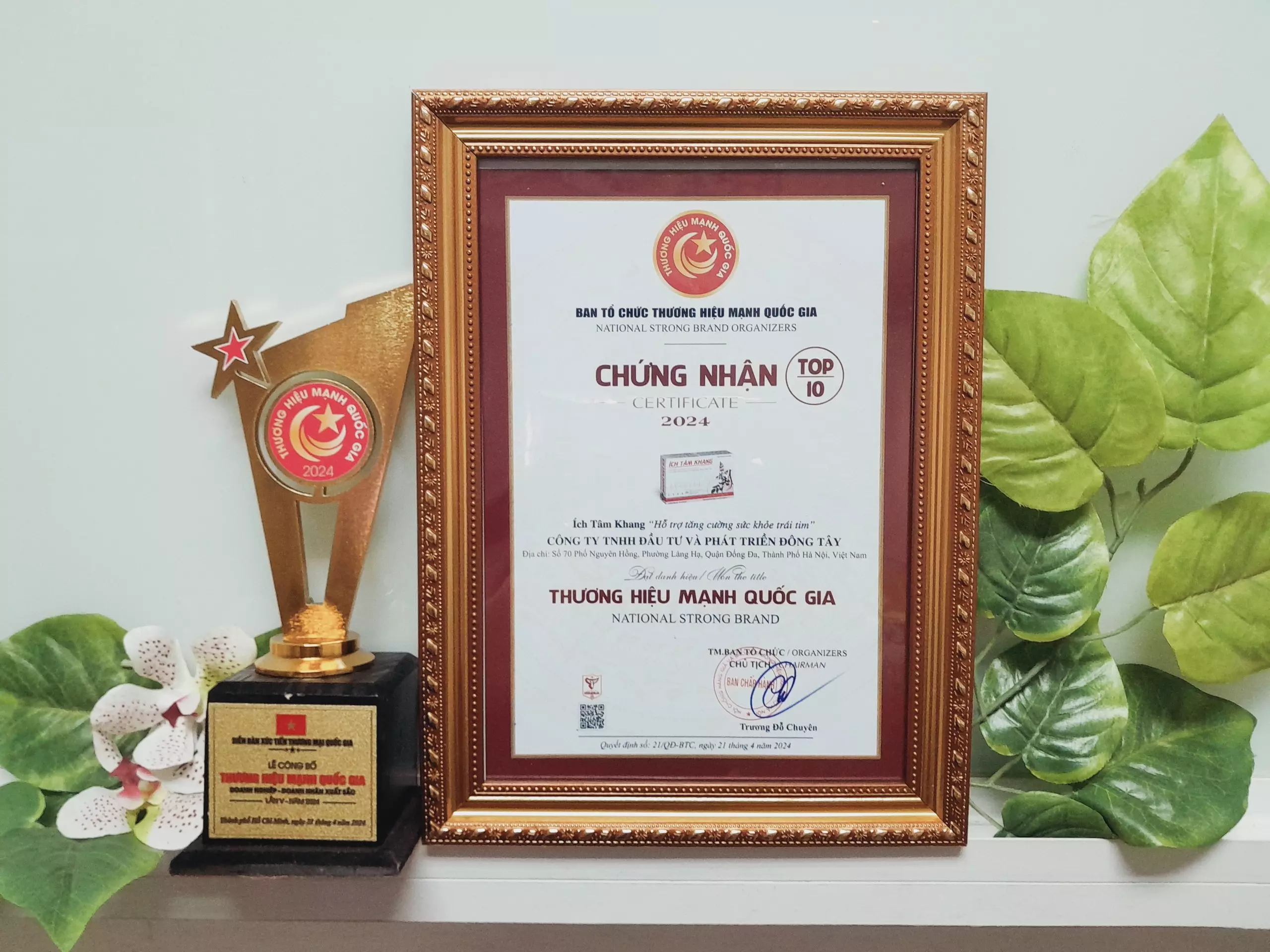 Cup và Bằng khen chứng nhận giải thưởng “Top 10 Thương hiệu mạnh Quốc gia 2024” của TPBVSK Ích Tâm Khang.webp